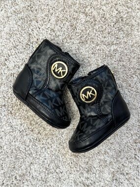 Michael Kors Black Logo Infant Ankle Boots with Gold MK Emblem